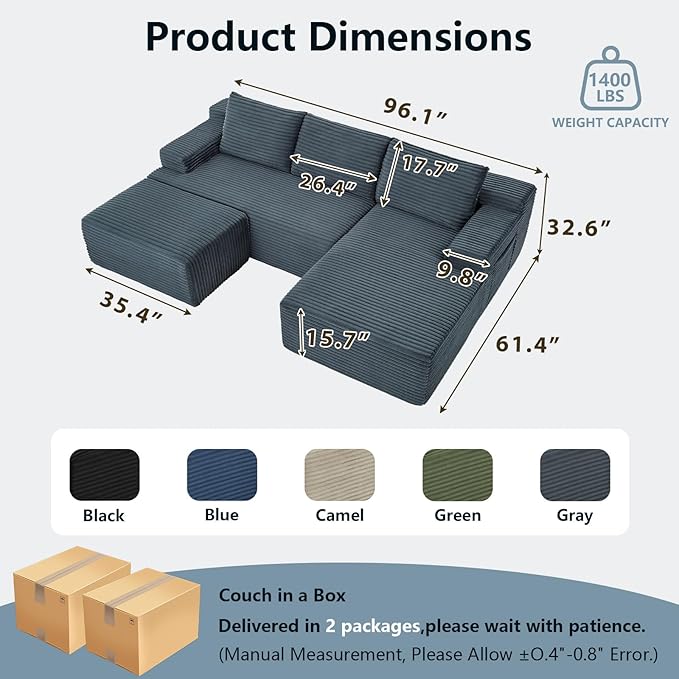 96" W Cloud Sectional Couch with Ottoman,Modern U-Shaped Cloud Couch with Side Pockets,Comfy Corduroy 3-Seater Sofa,Memory Foam Sofa for Living Room,No Assembly (Dark Grey,Right-Facing Chaise)