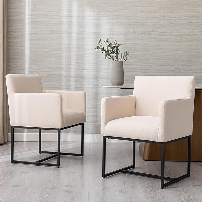 BESTANO Linen Upholstered Dining Chairs with Arms Set of 6 Mid Century Modern Accent Chairs Armchairs with Black Metal Frame, Modern Kitchen & Dining Room Chairs, Cream