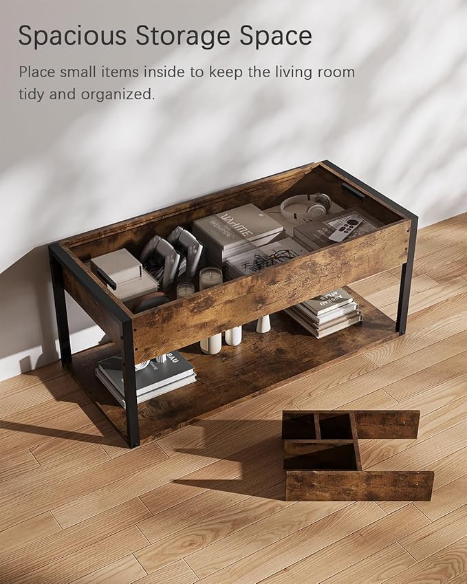 KJGKK Coffee Table, 40" Center Table with Storage Shelf, Rectangle Coffee Table, for Living Room, Toolless, Easy Assembly, Simple Style, Rustic Brown (Colonial)