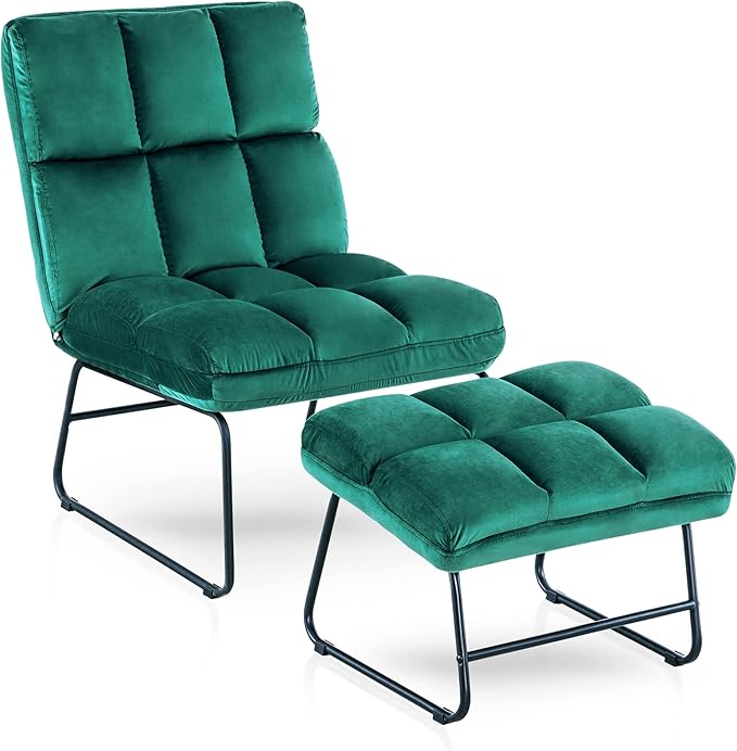 MCombo Velvet Accent Chair with Ottoman Set, Modern Armless Chair for Living Room, Bedroom, Small Space 0014 (Velvet, Dark Green)