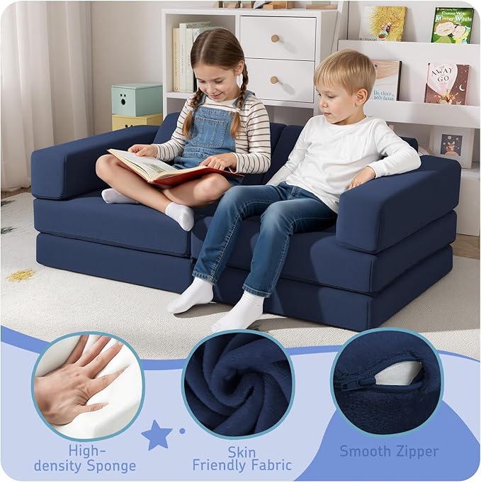 MeMoreCool Kids Modular Play Couch – 10-Piece Navy Foam Sofa Set, Convertible Playroom Furniture | Fold-Out Toddler Bed | Safe, Washable & Imaginative Design