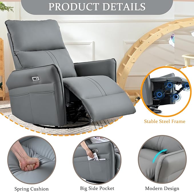 QKFF Power Swivel Rocker Recliner Chair for Nursery, Upholstered 270° Swivel Glider Rocker Chair with USB Ports, Small Power Recliners for Small Spaces Living Room