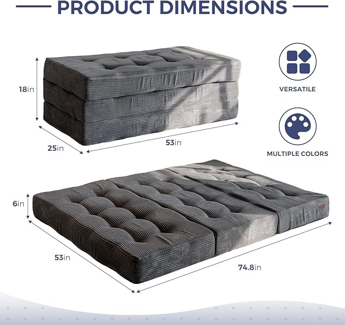 MAXYOYO Tri-Fold Mattress, 6 Inch Tufted Folding Mattress Full Foam Bed, Foldable Floor Couch Guest Bed Topper Portable Camping Sleeper with Corded Fabric, Dark Grey, 53"x75"