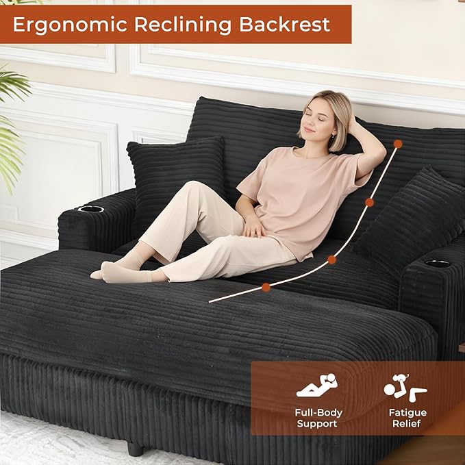 65" Oversized Chaise Lounge Chair Indoor, Upholstered Sofa Bed with Pillows & 2 Cup Holders, Sleeper Couch Comfy Corduroy Recliner Chair for Living Room, Movie Room, Bedroom, Black