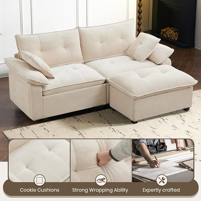 PALLOME 82" Deep Seat Comfy Cloud Couch, Modular Sectional Sofa with Movable Ottoman, L Shaped Chenille Sofa for Small Space, Modern Apartment Living Room & Office (Beige, 2-Seat + Ottoman)
