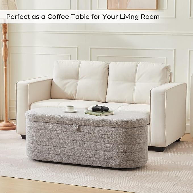 Storage Ottoman Bench End of Bed for Bedroom,45 inch Boucle Upholstered Entryway Shoe Seat Bench w/ Storage,Sherpa Modern Cute Padded Blanket Chest Stool Foot Rest for Living Room,Window Seating, Grey
