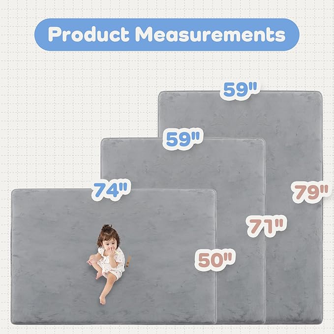 PAPAMAT 1.3" Thick Baby Floor Play Mat 50x74, Basic Padded Foam Mat for Tummy Time Crawling, Non Slip Cushioned for Babies Toddlers Infants Kids (Light Grey)