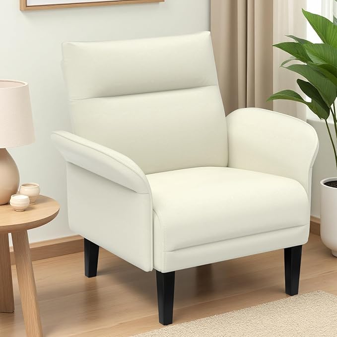 2-Pack Faux Leather Accent Sofas, Symmetrical Shawl Armchairs with Wide Armrests & Wooden Legs, Beige Sofa Chairs Set for Bedroom, Living Room, Compact Spaces