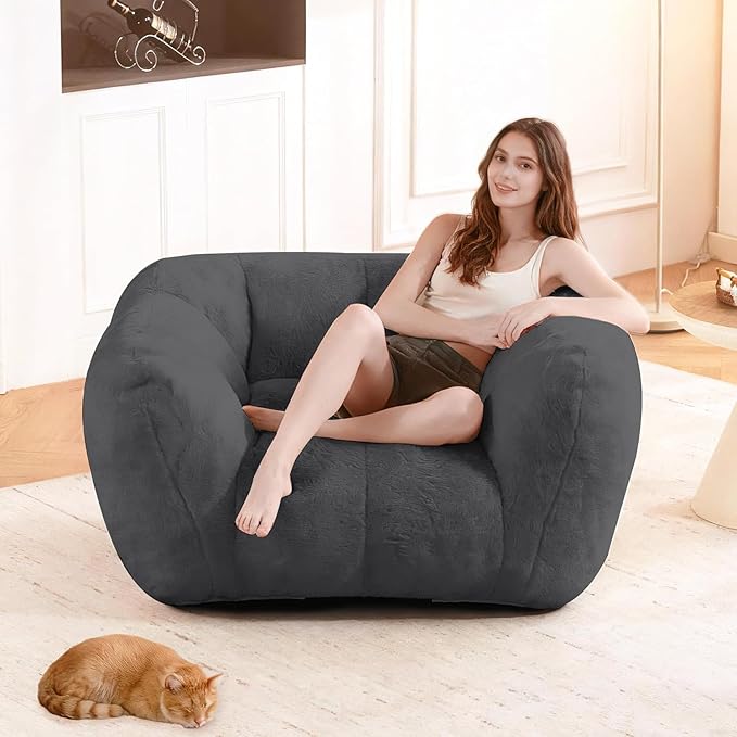 Giant Bean Bag Chair, Bean Bag Chairs for Adults Kids, Oversized Plush Bean Bag Couch with Armrest, Large Chair with Filler, Stuffed Accent Chair Lounge Floor Sofa for Gaming, Reading, Grey