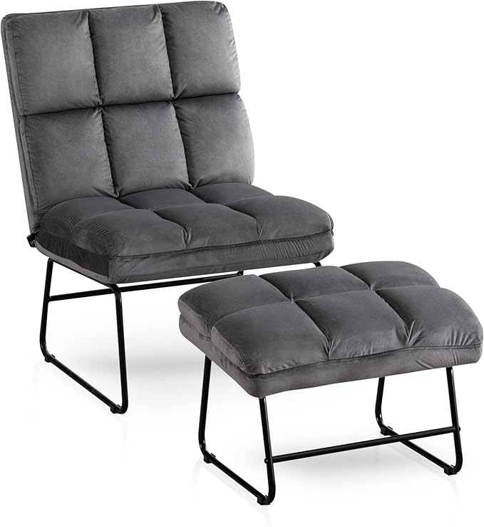 MCombo Velvet Accent Chair with Ottoman Set, Modern Armless Chair for Living Room, Bedroom, Small Spaces, Fabric 0014 (Dark Grey)