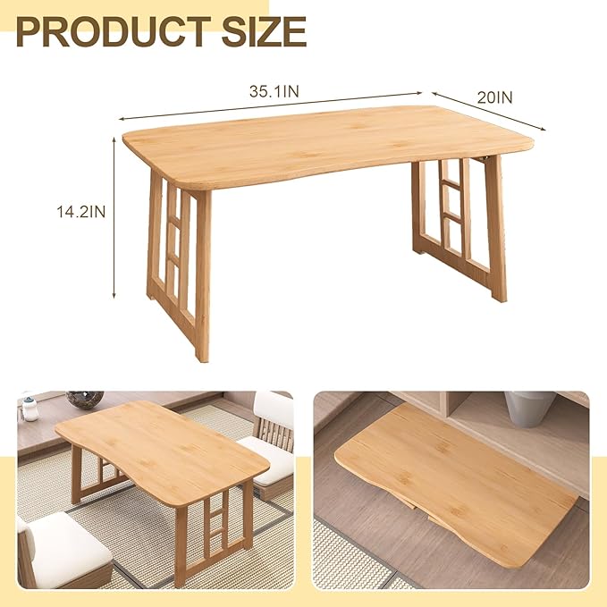 Japanese Folding Coffee Table,Bamboo Foldable Low Table for Sitting On Floor,Collapsible Floor Tea Tables,Portable Meditation Table for Tatami Living Room Bay Window Office Apartment (Wood color)