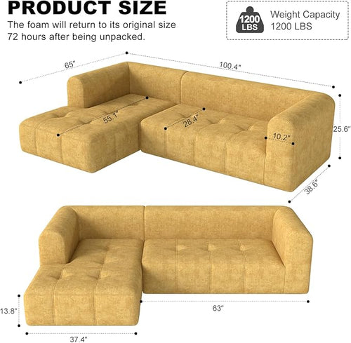 105" Modular Sectional Sofa, Boneless couch for Living Room, Cloud Sectional Couch with Deep Seat, L-Shape Sofa, Upholstered Couches for Living Room Bedroom, No Assembly Required, Yellow (Slub Fabric)