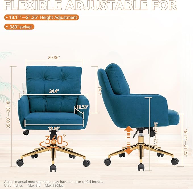 BALIAA Flannel Office Chair, Comfy Home Office Desk Chairs with Lumbar Support, Modern Velvet Desk Chair Gold Legs Small Swivel Task Chair for Home Office, Bedroom, Study (Blue, L)