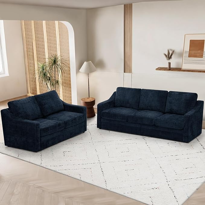 ACMEASE 2 Pieces Chenille Sofa Sets w/Comfortable Back Cushions, Modern Loveseat & Sofa w/Deep Seat Space, Upholstered 2 Seat & 3 Seats Couch Sets w/High Resiliency Foam for Living Room, Office Black