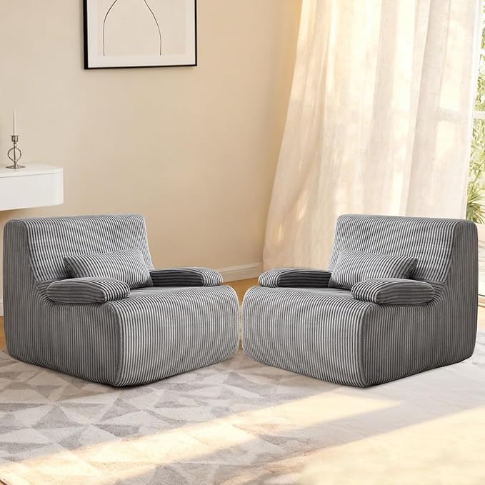 38" Bean Bag Single Chair for Living Room Bedroom, Corduroy Boneless Chair with Armrest and Pillow, Memory Foam Beanbag Couch, Lazy Floor Sofa for Reading Gaming Living Room Bedroom (2, Gray)