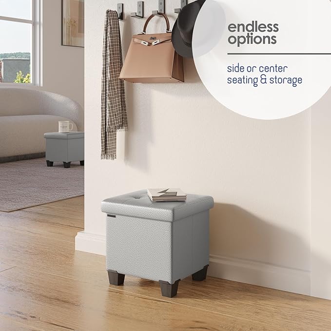 STORAGEBUD Storage Ottoman Cube with Small Bin, 16-in Square Ottoman with Storage for Living Room and Bedroom, Small Ottomans Foot Rest, Faux Leather Foot Stools Ottomans Max 330lbs, Light Grey