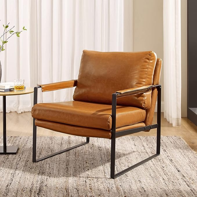 Volans Mid Century Modern Accent Chair with Arms for Living Room, Faux Leather Accent Chairs for Lounge, Metal Frame Armchair Reading Chair Single Sofa for Bedroom Office, Brown