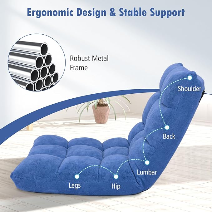 Giantex Floor Chairs, Floor Gaming Chair with Back Support, Coral Velvet, 14 Adjustable Position, Thick Sponge Padding, Floor Seating Lounge for Reading, Watching TV, Meditation, Gaming Chair Floor