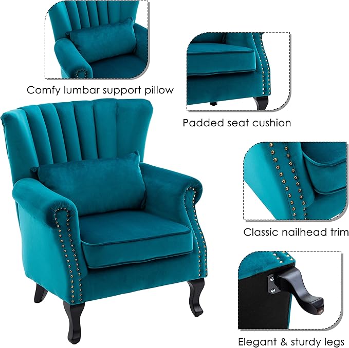 chairus Mid-Century Modern Accent Chairs Set of 2 Comfy Sofa Chairs Channel Back Armchairs with Small Pillow for Living Roon Bedroom Club - Velvet, Teal