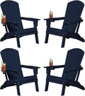 Plawdlik Folding Adirondack Chair, SGS Tested, Wooden Textured with Cup Holder, Heavy All-Weather HDPE Comfortable Set Poolside Backyard Lawn Navy Blue Set 4
