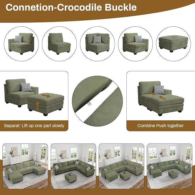 Legend Vansen Sectional Couches for Living Room,L-Shaped Corduroy Sofa with Ottoman for Living Room,Bedroom and Apartment (Olive, U-16)