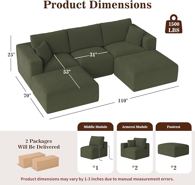 110" Modular Sectional Sofa, Cloud Couch U Shaped Memory Foam Boneless Couch with Ottoman, 3 Seater Cozy Upholstered Corduroy Floor Couch, No Assembly Required Living Room Furniture Home Decor, Green