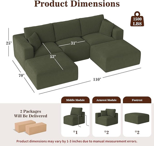 110" Modular Sectional Sofa, Cloud Couch U Shaped Memory Foam Boneless Couch with Ottoman, 3 Seater Cozy Upholstered Corduroy Floor Couch, No Assembly Required Living Room Furniture Home Decor, Green