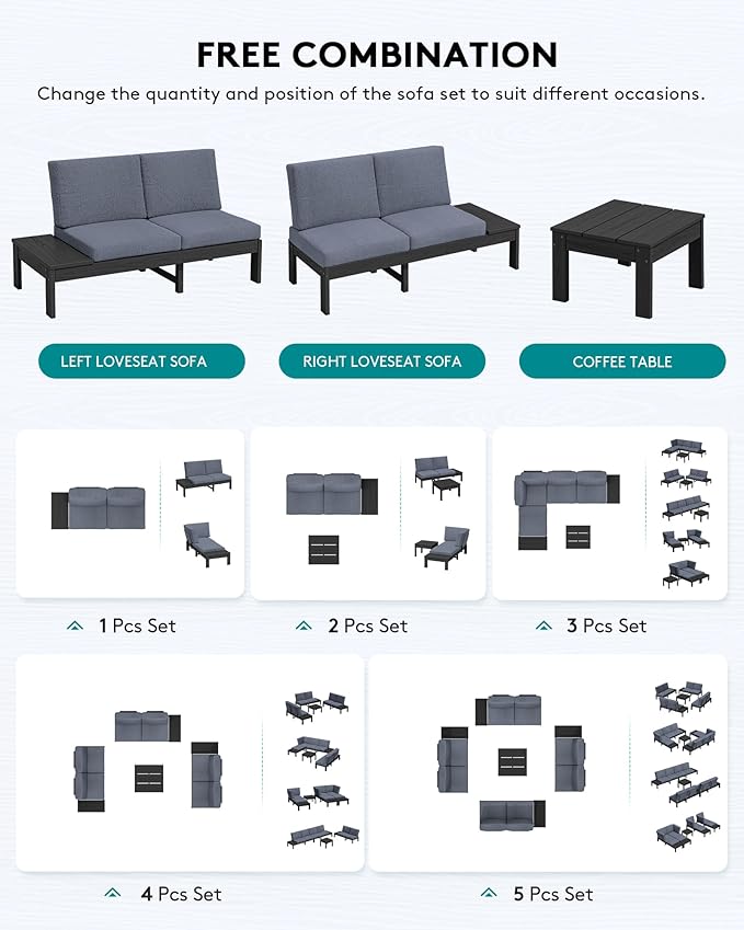 SERWALL HDPE Outdoor Furniture Set, 4 Seats Outdoor Sectional with Coffee Table, All-Weather Patio Sofa Set, Patio Conversation Sets with Adjustable Backrest Sofa for Garden, Backyard, Black with Grey
