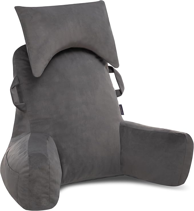 Unisakey Portable Reading Pillows with Headrest for Bed Sitting Up(Light Grey Oeko-Tex), Velvet Back Pillow with Arms & Pockets for Adults, Support Memory Foam Bed Pillow for Dorm/Watching/Gaming