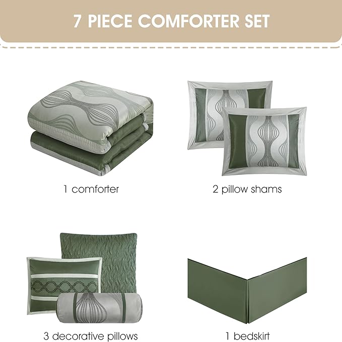 Grand Avenue 7 Piece Green Comforter Set, California King Size Jacquard Bedding Set, All Season Geometric Patchwork Bedding Set, Matching Pillows, Shams, Bed Skirt
