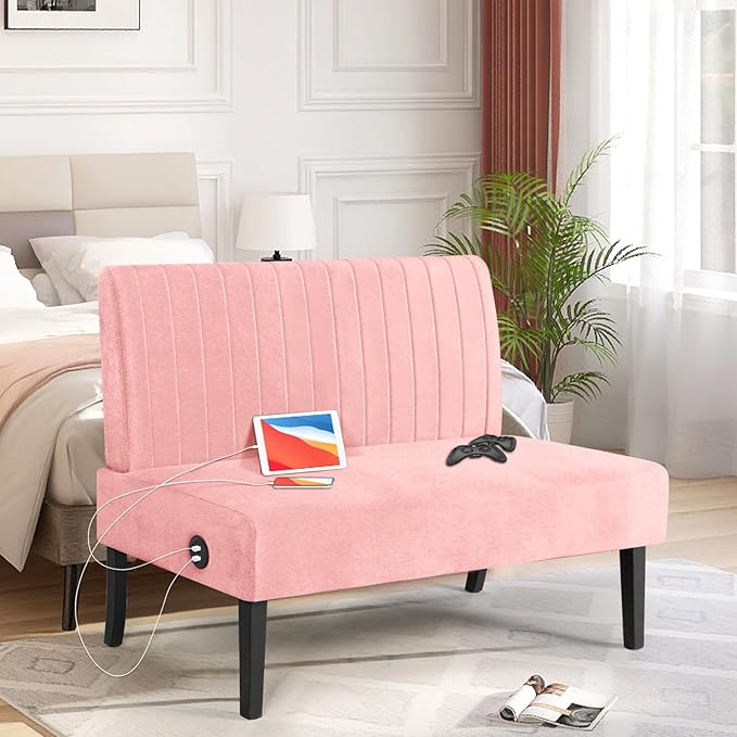STHOUYN Mini Small Comfy Couch Armless Loveseat Sofa for Bedroom with USB Port, Velvet Couches for Small Spaces Living Room, Apartment Office Dorm (Pink)