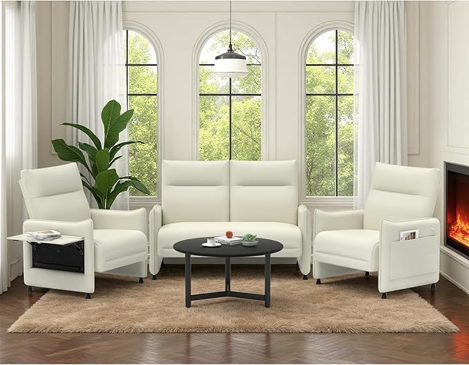 3-Piece Living Room Sofa Set, Faux Leather Loveseat & Accent Chairs Set of 2 with Hidden Foldable Tray & Side Pocket, Front Contour Arm Design, Upholstered Sofa Set for Office, Beige