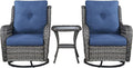 Rilyson Wicker Rocking Chair Swivel Chairs - 3 Piece Rocker Patio Furniture Set Rattan Rocking Bistro Sets with Glass Top Side Table for Outdoor Porch Deck Garden Backyard (Mixed Grey/Blue)