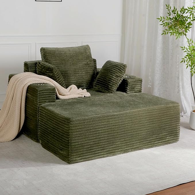 54" W Oversized Chaise Lounge Chair Indoor, Boneless Chaise Lounge Couch, Convertible Comfy Reading Chairs, Corduroy Sleeper Couch Chair for Living Room, Compression Sofa with Ottoman, Green