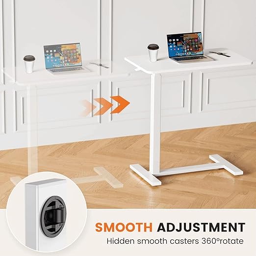 Mobile Bed Laptop Desk with Lockable Wheels and Height Adjustment Function Versatile Overbed Table for Hospital Bedside and Efficient Home Office, White