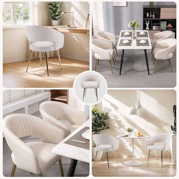 COMULER Faux Leather Dining Chairs Gold Legs, Modern Cream PU Leather Dining Room Chairs with Arms Set of 4 Upholstered Accent Chair Armchair with Barrel Back for Kitchen Living Room