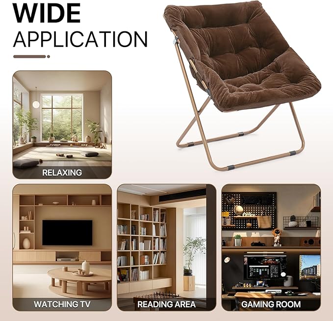 Athena Collection Saucer Chair for Adult, Square Comfy Cozy Chair Folding Chair Faux Fur Metal Frame Foldable Reading Chair Accent Chair for Bed Room Living Room, Brown