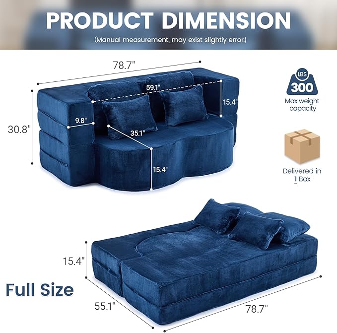 Orynveela Convertible Folding Sofa Bed, 78” Full Size Floor Sleeper Couch, Chenille Full Foam Futon Loveseat for Living Room Bedroom, No Assembly Required (Deep Blue)