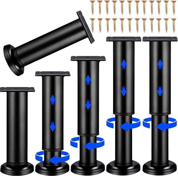 Olldag 6 PCS Adjustable Furniture Couch Cabinet Legs 4.72-7.48 Inch, Heavy Duty Adjustable Height Replacement Legs for Dresser/Sofa/Bed/Chair, Legs for Furniture Set of 6 (Black)