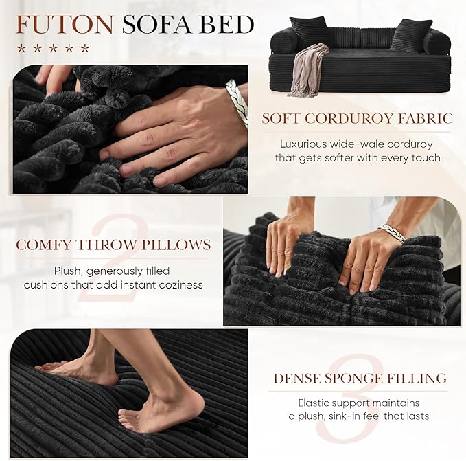 Modular Couch Bed, Convertible Folding Plush Corduroy Comfy Floor Memory Foam Compression Loveseat Sleeper Sofa Couch, King Size Bed for Guest Room Living Room Bedroom, No Assembly Required, Black