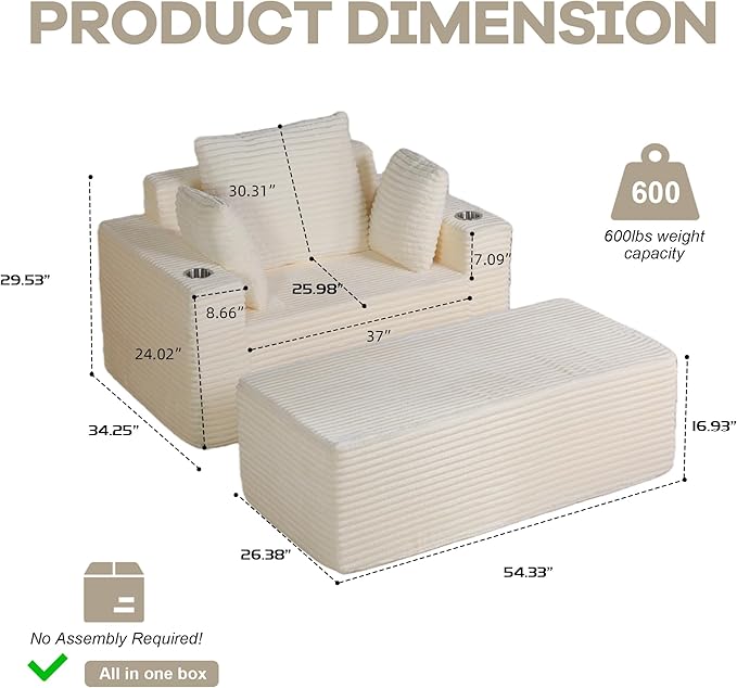 54"W Oversized Chaise Lounge Chair Indoor, Boneless Chaise Lounge Couch, Convertible Comfy Reading Chairs, Compression Sofa with Ottoman, Corduroy Sleeper Couch Chair for Living Room, Beige