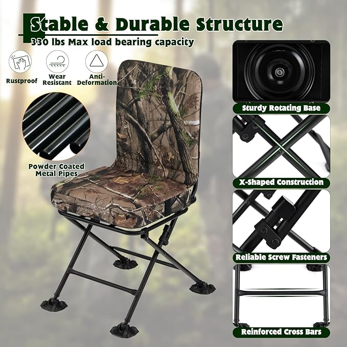 GYMAX Hunting Chair, 360 Degree Swivel Hunting Blind Chair w/ 3’‘ Oversized Duck Feet & Camo Padded Cushion, 330 LBS Silent Waterproof Rustproof Folding Ground Blind Hunting Seat Stool for Outdoors