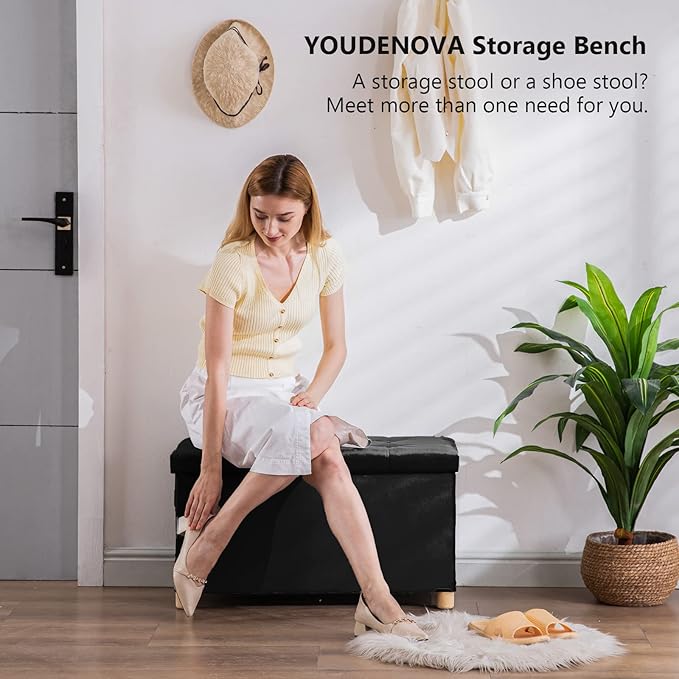 30 Inches Folding Storage Ottoman Bench, Velvet Storage Chest, Footrest Couch with Wooden Legs, Support 350lbs for Bedroom, Living Room, Hallway, Black