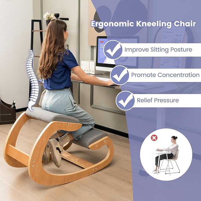 GOFLAME Ergonomic Kneeling Chair, Wooden Rocking Knee Chair with Comfortable Padded Seat Cushion & Knee Support for Home Office, Upright Posture Support Chair for Back Pain Relief (Gray)