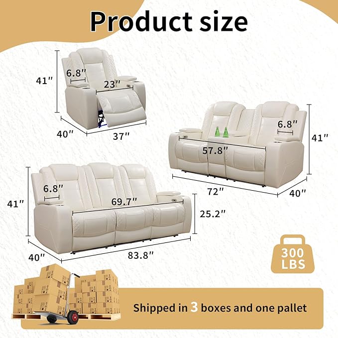 Caberryne Power Recliner Sofa Set with LED Lights,Leather Reclining Couch and Loveseat Set with USB Port/Coffee Table/Cup Holder,Living Room Set with 4 Recliner Seats for House(2 Piece Set,Creamy)