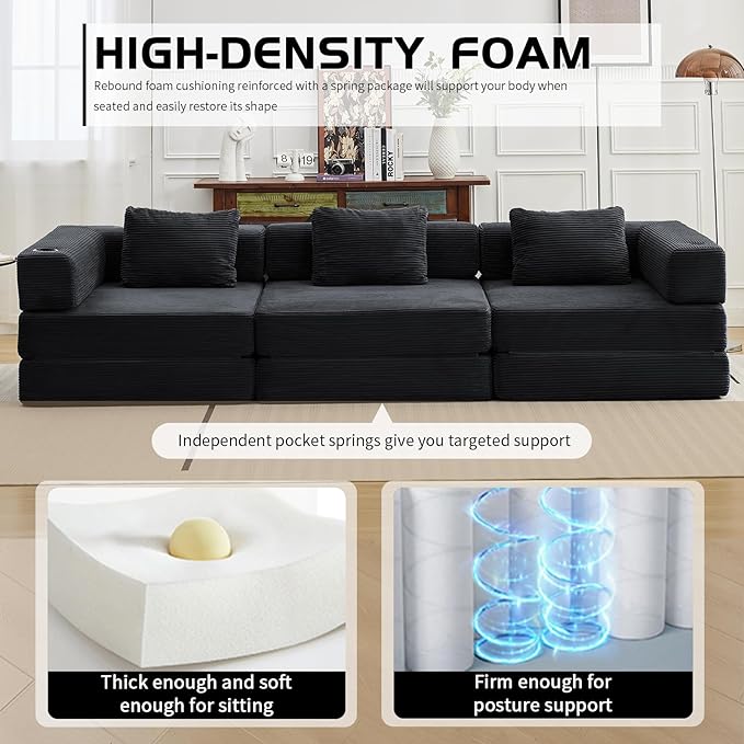 118" Oversized Convertible Floor Sofa Bed, Boneless Foldable Mattress Cloud Couch with Pillow Back & Armrest, Fold Out Floor Couch with Cup Holder for Living Room Bedroom Lounge, Corduroy, Black