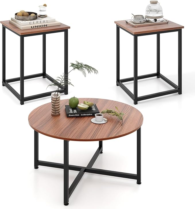 Giantex Round Nesting Table Set of 3, Farmhouse Coffee Table w/2 End Tables, Sturdy Metal Frame, 3-Piece Wooden Living Room Table Set for Home Office, Apartment (Walnut & Black)