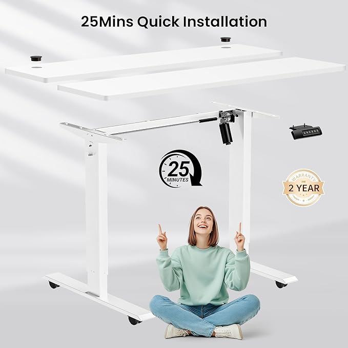 farexon Electric Standing Desk Adjustable Height, 63x24 Inches Stand up Desk with Rolling Wheels, Mouse Pad,Home Office Writing Gaming Computer Workstation Table(White)