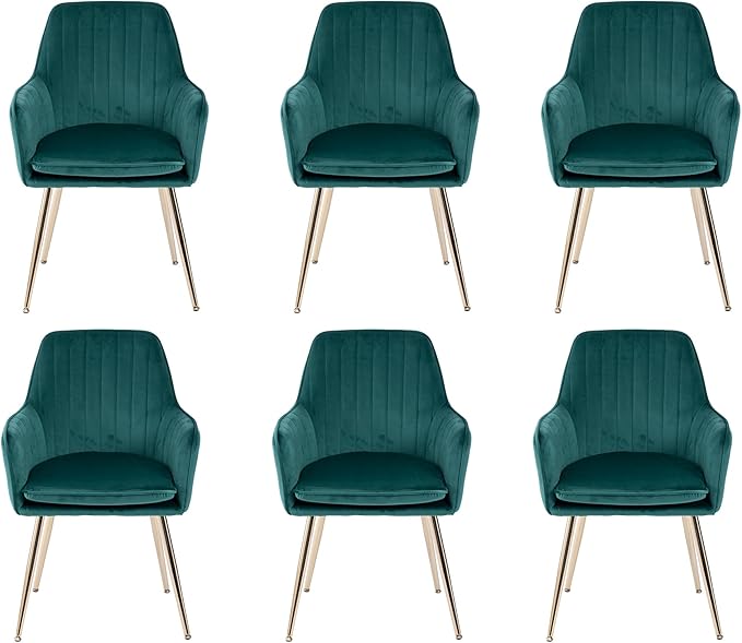 Purgreen Velvet Dining Chair Set of 6 - Modern Mid-Back Accent Chair with Gold Plating Legs - Upholstered Living Room Chair (Velvet Green, Set of 6)