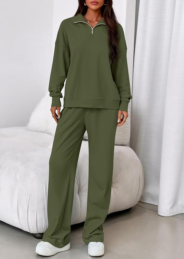 PRETTYGARDEN Womens Casual Two Piece Sets Fall 2026 Outfits Quarter Zip Sweatshirts Straight Leg Pants Sweatsuits Tracksuit